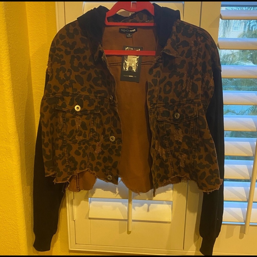 Fashion Nova Leopard Crop  Denim Hoodie